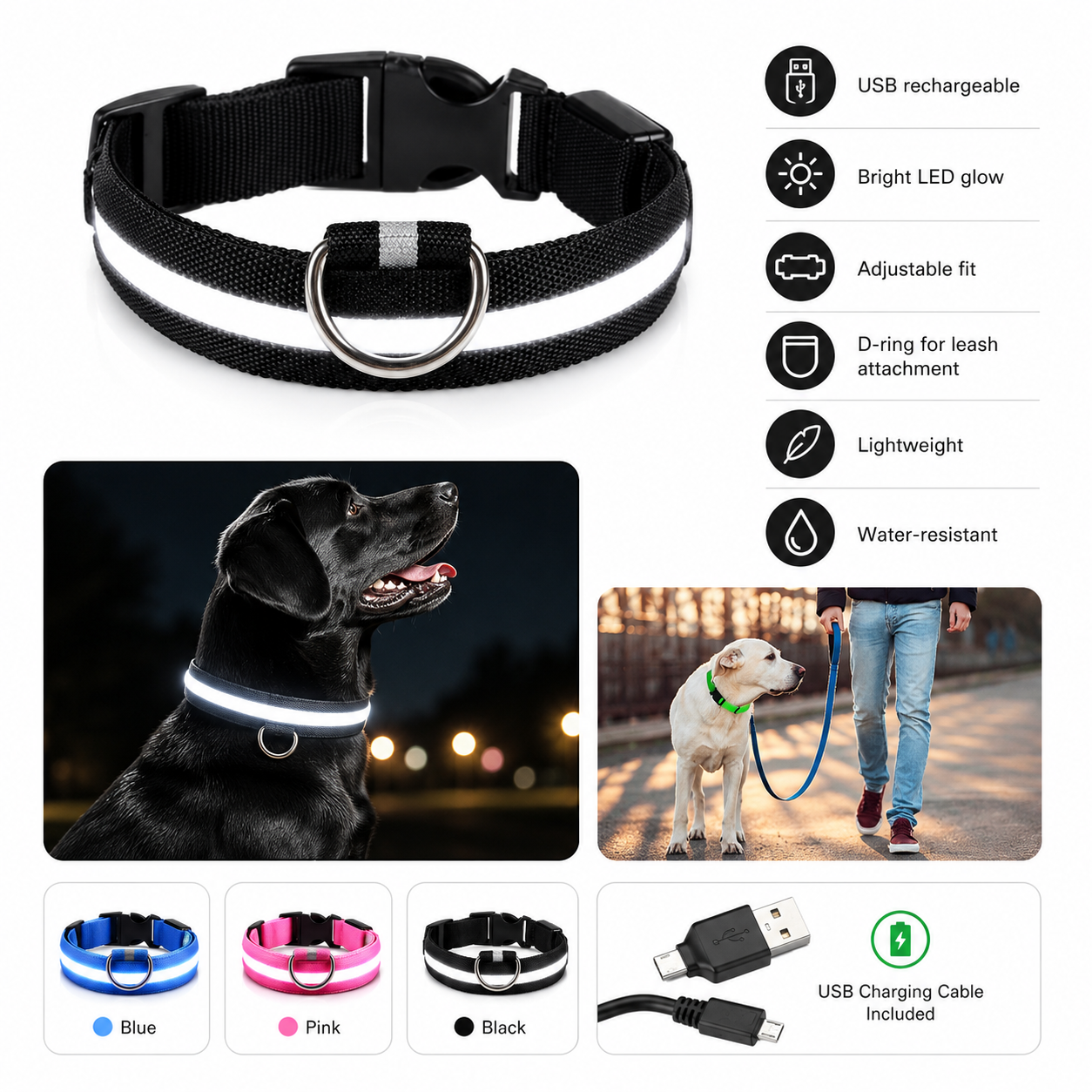 Wag & Roam LED Safety Collar – USB Rechargeable